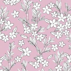 Romantic messy english garden leaves branches and flower blossom nursery moody pink white