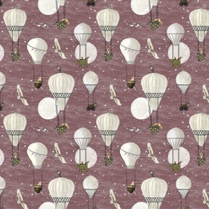 Small White hot air balloons, stars and moon nursery wallpaper, nursery home decor, earth tones,  with woodland animals on baby lavender or maroon, wildlings, owl, nursery, baby girl, home decor, kids