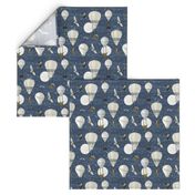 Small White hot air balloons, stars and moon with woodland animals on navy blue, baby boy nursery wallpaper, boy home decor, hand-drawn, wallpaper, wildlings, owl, deer, fox, nursery, baby boy, home decor