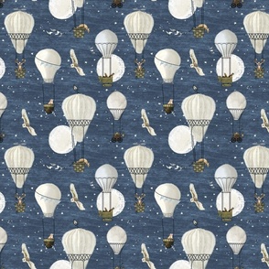Small White hot air balloons, stars and moon with woodland animals on navy blue, baby boy nursery wallpaper, boy home decor, hand-drawn, wallpaper, wildlings, owl, deer, fox, nursery, baby boy, home decor