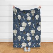 Large White hot air balloons, stars and moon with forest animals on dark blue // whimsical, baby boy nursery wallpaper, celestial, boy home decor, kids room, hand-drawn, wallpaper, wildlings, owl, deer, fox, nursery, baby boy, home decor