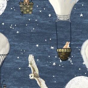 Large White hot air balloons, stars and moon with forest animals on dark blue // whimsical, baby boy nursery wallpaper, celestial, boy home decor, kids room, hand-drawn, wallpaper, wildlings, owl, deer, fox, nursery, baby boy, home decor