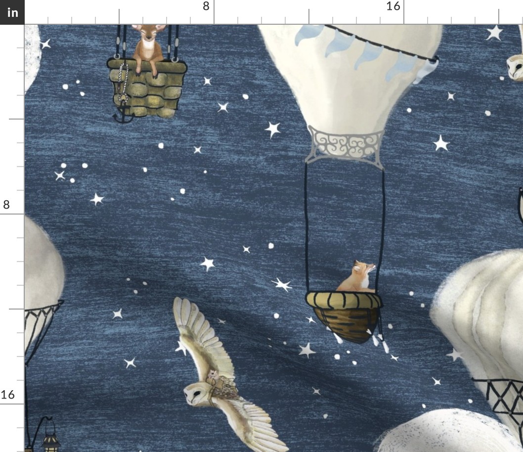 Large White hot air balloons, stars and moon with forest animals on dark blue // whimsical, baby boy nursery wallpaper, celestial, boy home decor, kids room, hand-drawn, wallpaper, wildlings, owl, deer, fox, nursery, baby boy, home decor