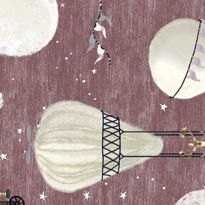 Horizontal White hot air balloons, stars and moon nursery wallpaper, nursery home decor, earth tones,  with woodland animals on baby lavender or maroon, wildlings, owl, nursery, baby girl, home decor, kids