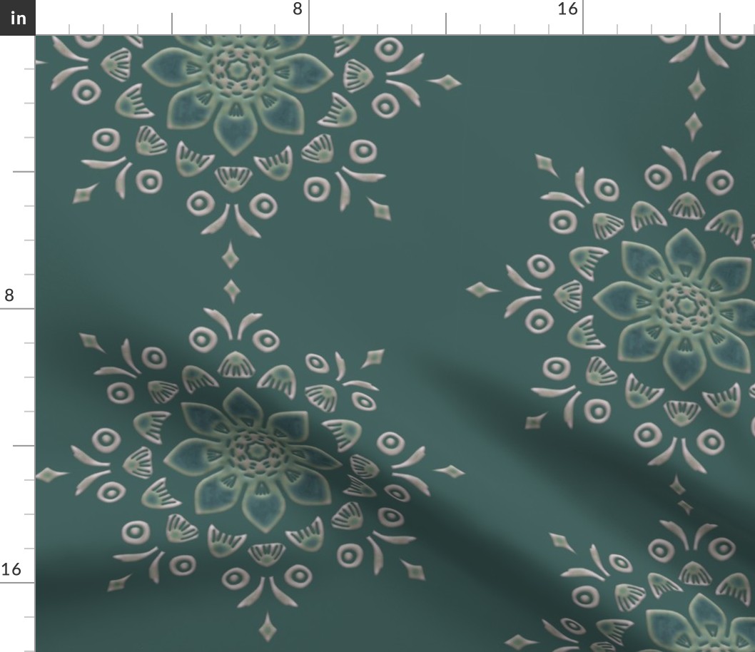 Muted Teal Embossed Look Retro Floral