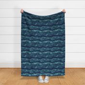 Pond life  sea like, wavy patterned stripes coordinate for quirky frogs, large, navy and mint doodled horizontal wavy stripes