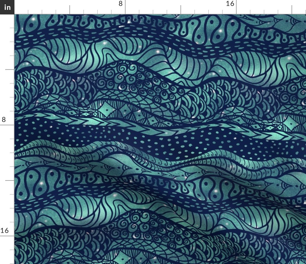 Pond life  sea like, wavy patterned stripes coordinate for quirky frogs, large, navy and mint doodled horizontal wavy stripes