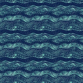 6” repeat Pond life stripes in navy with luminescent turquoise background small stripes