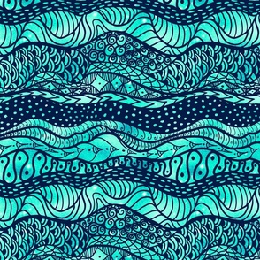 Pond life navy wiggly lines on turquoise background large
