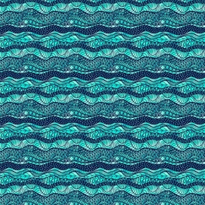 Pond life, navy wavy lines and doodles on turquoise sparkly background small