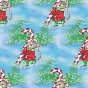 Christmas mouse with candy cane among pines