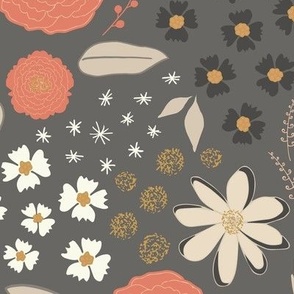Floral Carpet - Jumbo | coral & ivory on grey 