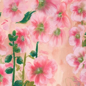 Watercolor Gouache Common Hollyhock Flower Field-Large 2ft-Wallpaper-Beige Pink Green Handpainted