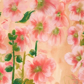 Watercolor Gouache Common Hollyhock Flower Field-Warm-Large 2ft-Wallpaper-Beige Pink Green Handpainted