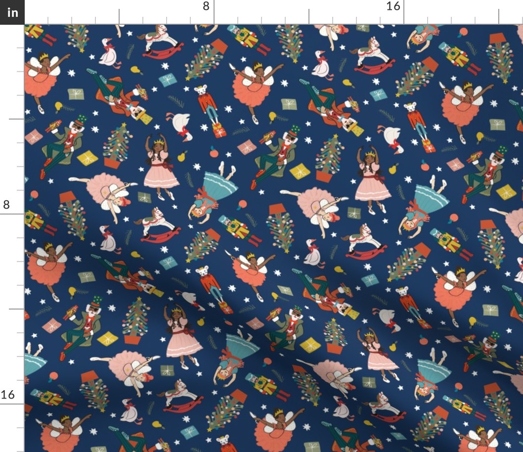 Nutcracker Ballet Print Fabric || Peony Navy || Multidirectional 8inch scale