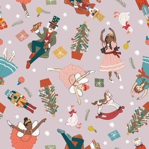 Nutcracker ballet Christmas fabric || Gray Lilac || Multidirectional 8inch scale
