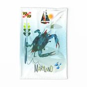Maryland crab travel  tea towel sailboat  fish water blue