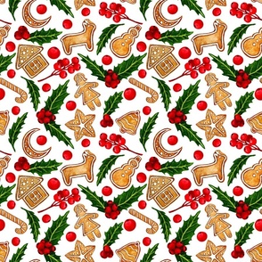 Watercolour Christmas pattern, red berries, Christmas cookies, white background.