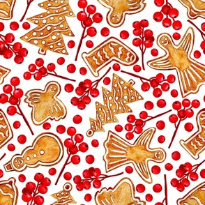 Watercolour Christmas pattern, red berries, Christmas cookies, white background.