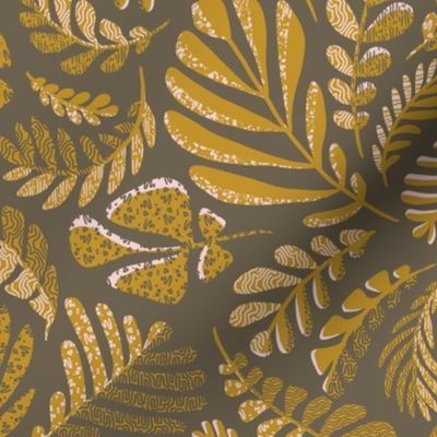 Ferns Organic Leaf Print Botanical - Gold & Earthy Gray