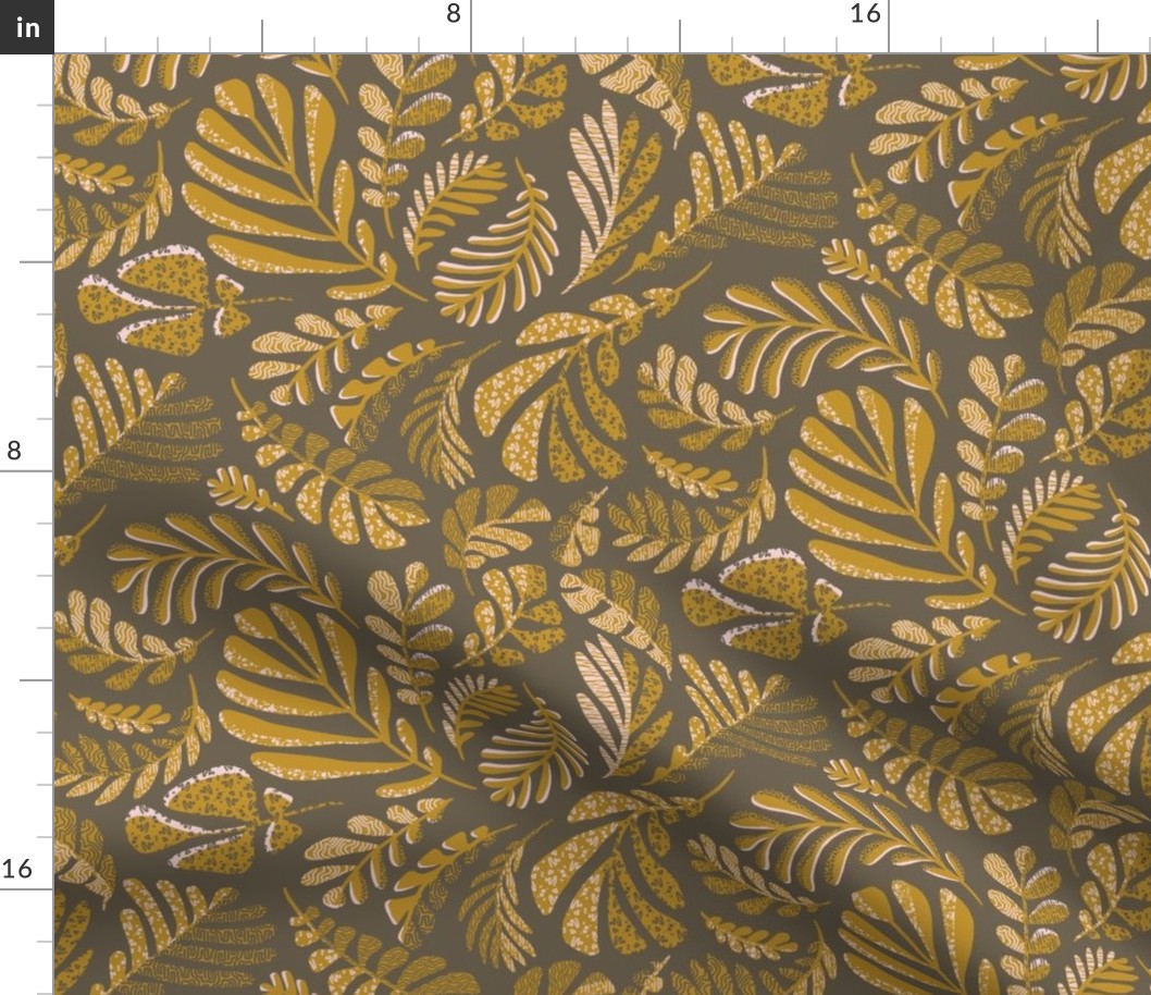 Ferns Organic Leaf Print Botanical - Gold & Earthy Gray