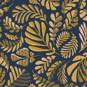 Ferns Organic Leaf Print Botanical - Gold Navy Blue