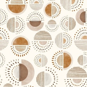 mid century retro sun and moon in neutral brown ochre and burnt umber