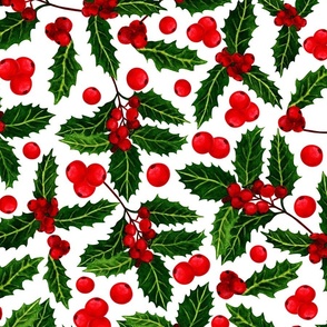 Watercolour Christmas pattern, red berries, white background.