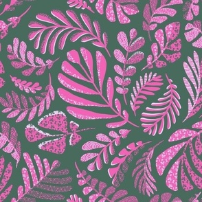 Ferns Organic Leaf Print Botanical - Pink Green Gray