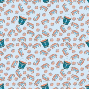 Nautical_2020_theme_bucket_shell_and_crabs_sky_blue_stock