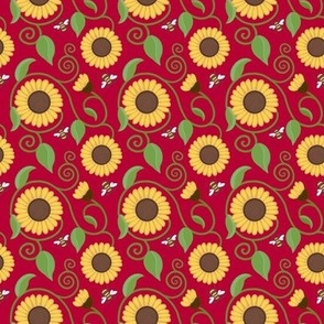 Art nouveau fluffy sunflowers on dark red