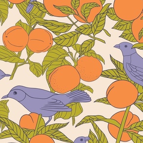 Oranges and Birds Botanical Illustration on Lavender (large)