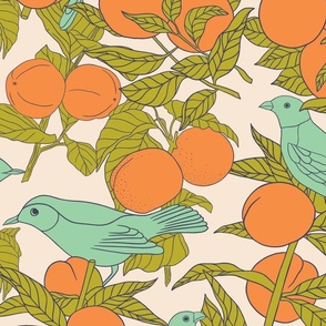 Oranges and Birds Botanical Illustration on Beige (large)