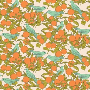 Oranges and Birds Botanical Illustration on Beige (small)