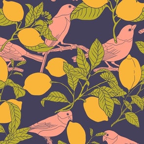 Lemons and Birds Botanical Illustration on Deep Blue (large)