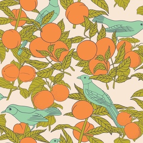 Oranges and Birds Botanical Illustration on Beige