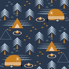 Cozy Camping / Outdoors / Geometric / Tent Retro Camper Caravan / Trees Forest / Navy Orange / Large