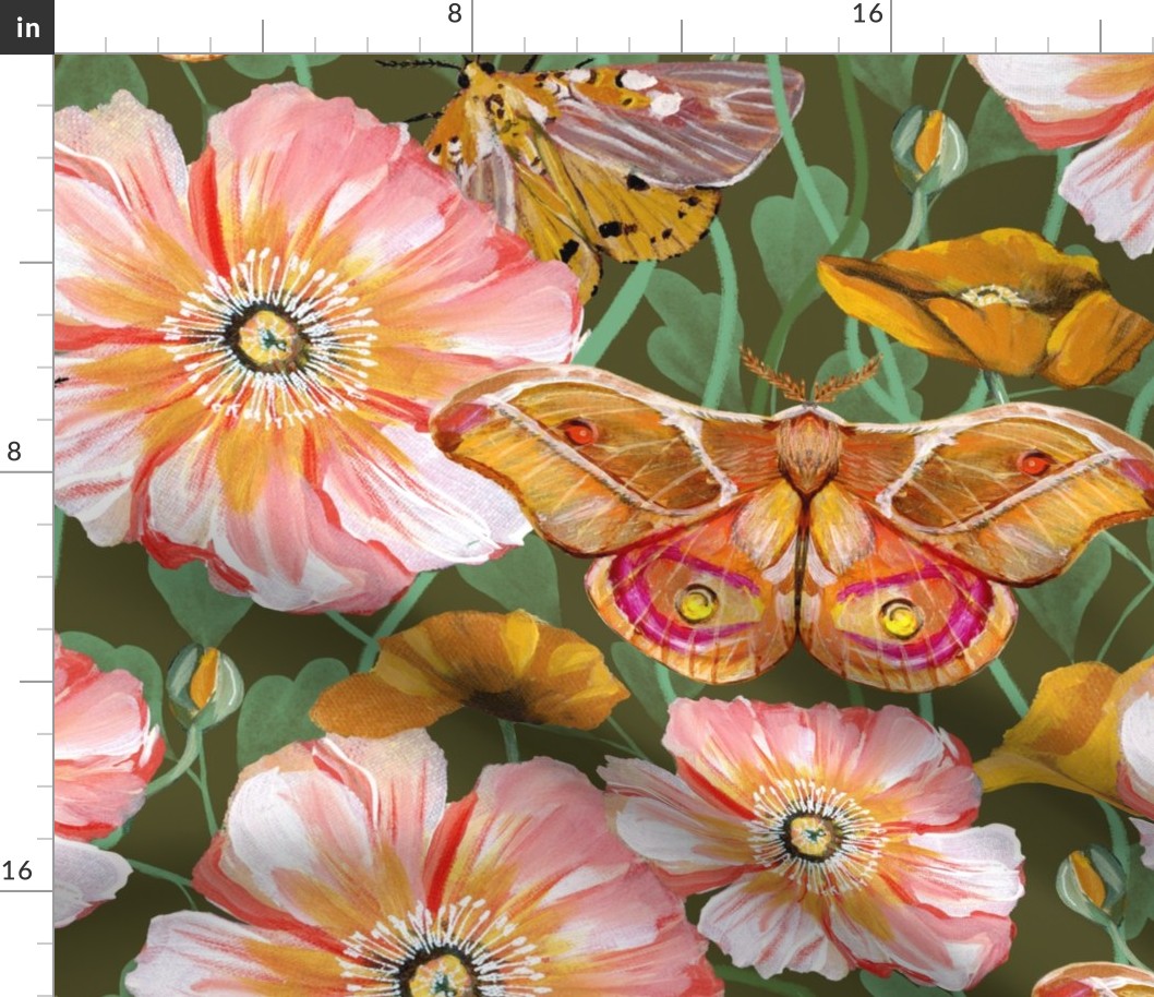 Retro Golden Moths & Poppies