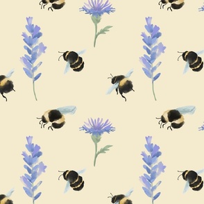 Bees and purple wild flowers on pastel yellow
