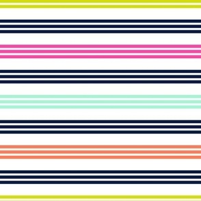 Triple Stripes in Midnight Blue, Papaya, Mint, Chartreuse and Hot Pink on White Ground