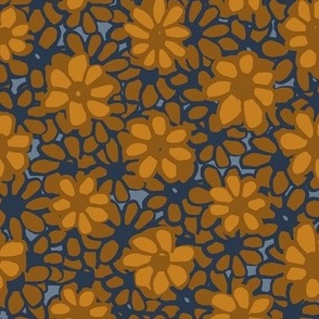 large scale Batik Style Cottage Garden Daisies in Navy Blue, Caramel and Golden Mustard  for ethnic garden  wallpaper, duvet covers and table linen.