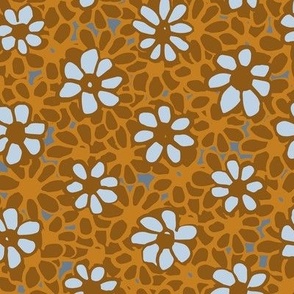 373 - large scale Batik Style Cottage Garden Daisies in Caramel and Golden Mustard: for ethnic garden  wallpaper, duvet covers and table linen.