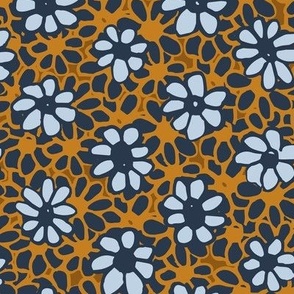 $ Batik Style Cottage Garden Daisies in Navy Blue and Golden Mustard Petal Solid Coordinates: Jumbo scale for wallpaper, duvet covers and table linen.