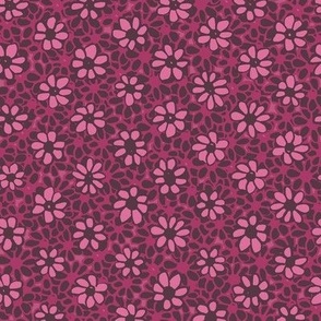 373 - Medium scale Batik Style Cottage Garden Daisies: for ethnic garden  wallpaper, duvet covers and table linen.  Blackberry berry mauve pink  ramble Flower Garden: 