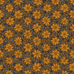 Medium scale Batik Style Cottage Garden Daisies in Navy Blue, Caramel and Golden Mustard  for ethnic garden  wallpaper, duvet covers and table linen.