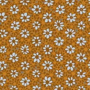 373 - Medium scale Batik Style Cottage Garden Daisies in Caramel and Golden Mustard: for ethnic garden  wallpaper, duvet covers and table linen.