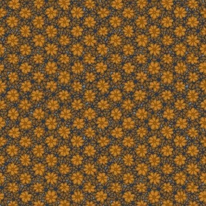 Small tiny scale Batik Style Cottage Garden Daisies in Navy Blue, Caramel and Golden Mustard  for ethnic garden  wallpaper, duvet covers and table linen.