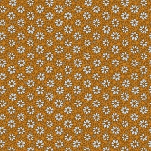 $ Small tiny mini scale Batik Style Cottage Garden Daisies in Caramel and Golden Mustard: for ethnic garden  wallpaper, duvet covers and table linen.