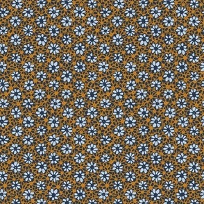 Ditsy mini micro scale Batik Style Cottage Garden Daisies in Navy Blue, Caramel and Golden Mustard: for ethnic garden  wallpaper, duvet covers and table linen.