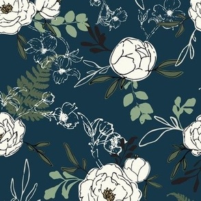 Blooming Possibilities - Peonies and Dogwood in Navy